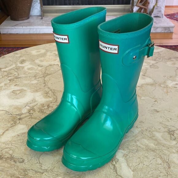 Hunter Short Glossy Waterproof Rain Boots Teal - Picture 2 of 13